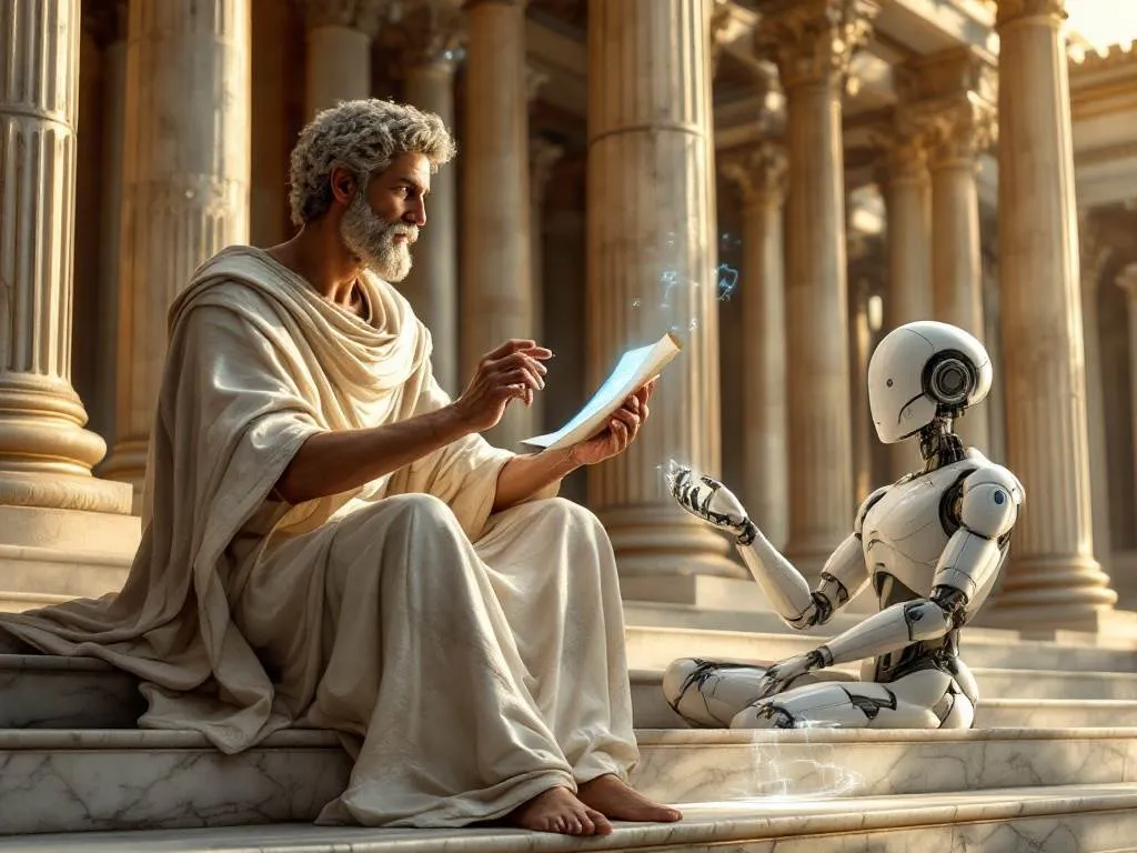 Un filosofo dell’antichità e un robot seduti tra le colonne di un tempio, a confronto