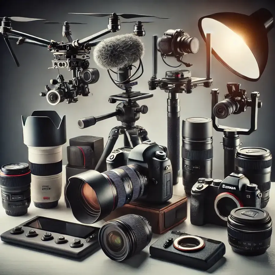 Attrezzatura per foto e video: fotocamere, obiettivi, treppiede, luci, microfono, gimbal e drone