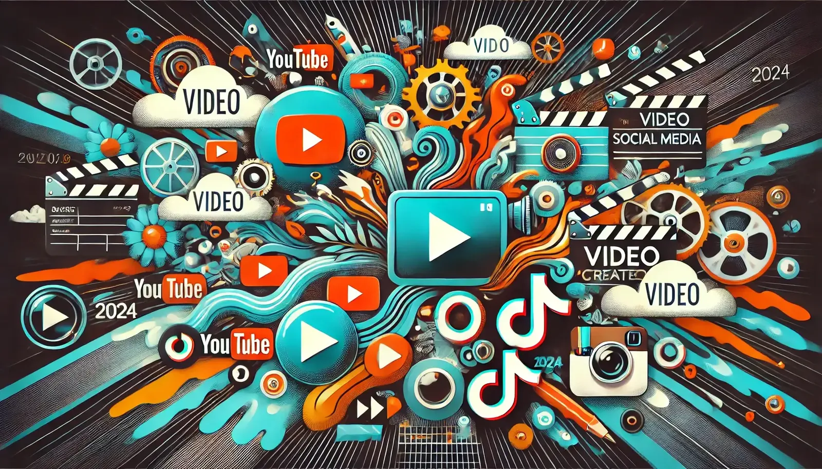 Illustrazione colorata con icone di YouTube, TikTok e Instagram intorno a un lettore video