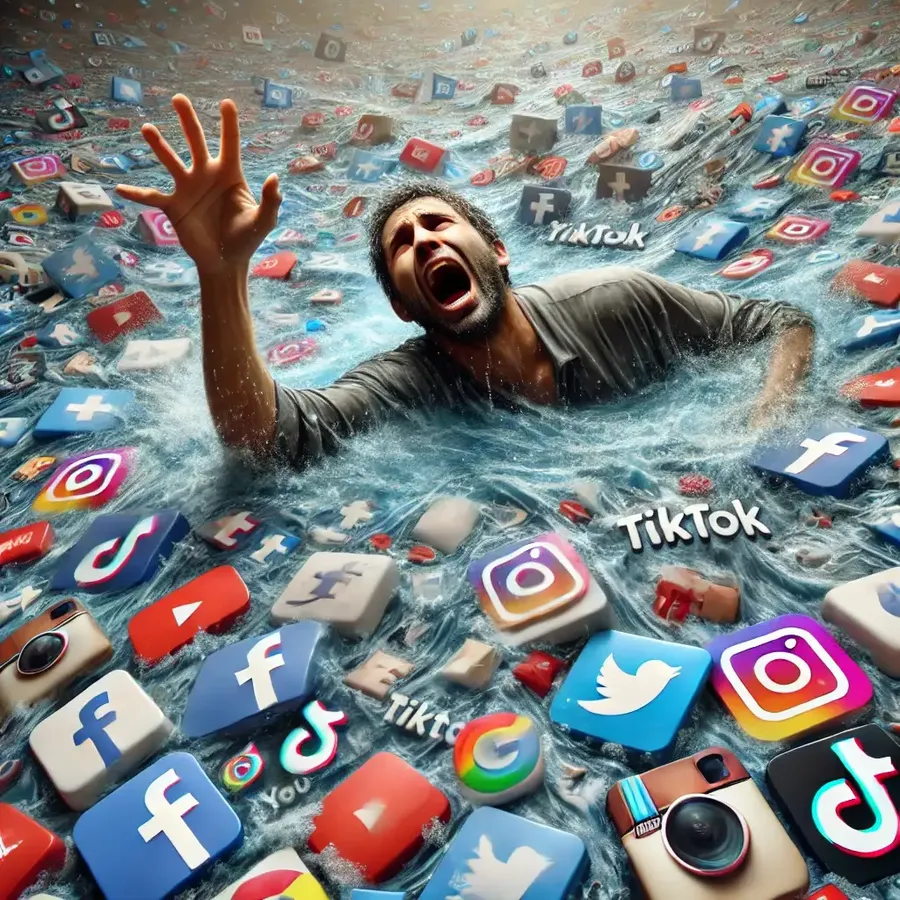 Un uomo che annaspa in un mare di icone dei social network