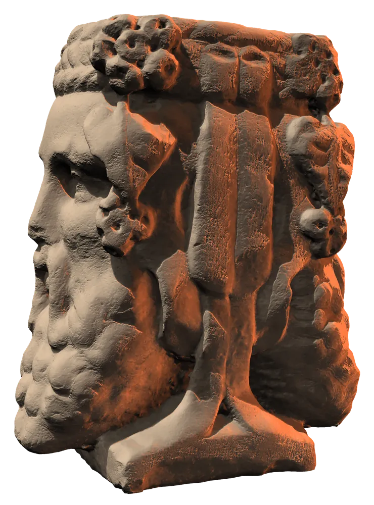 Statua di Giano bifronte di tre quarti, con luce arancio