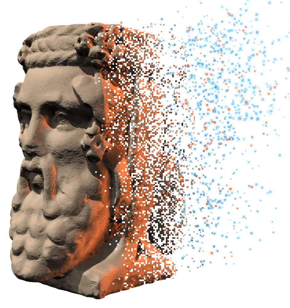 Statua di Giano che si scompone in pixel azzurri