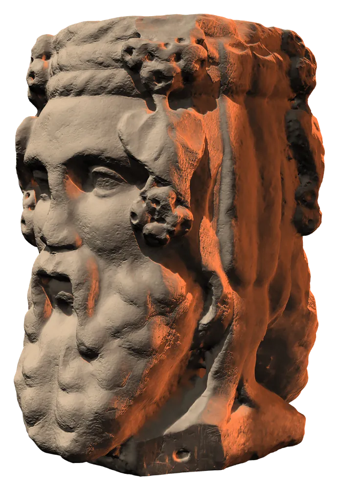 Statua di Giano bifronte di tre quarti, con luce arancio