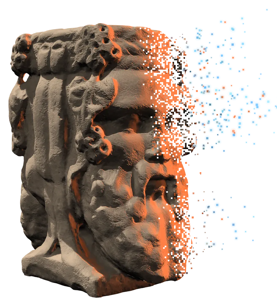 Statua di Giano da cui si staccano alcuni pixel azzurri